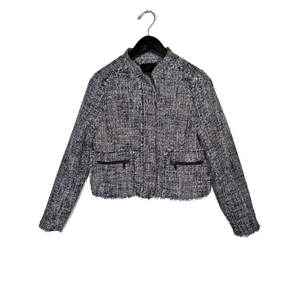 Banana Republic 6P Fringe Boucle Cropped Jacket Military Band Pocket Full Zip